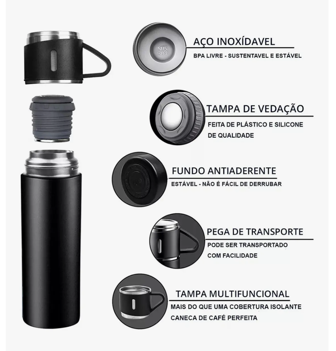 Garrafa Térmica Inox 500ml Tampa Xícara Café Chá Chimarrão