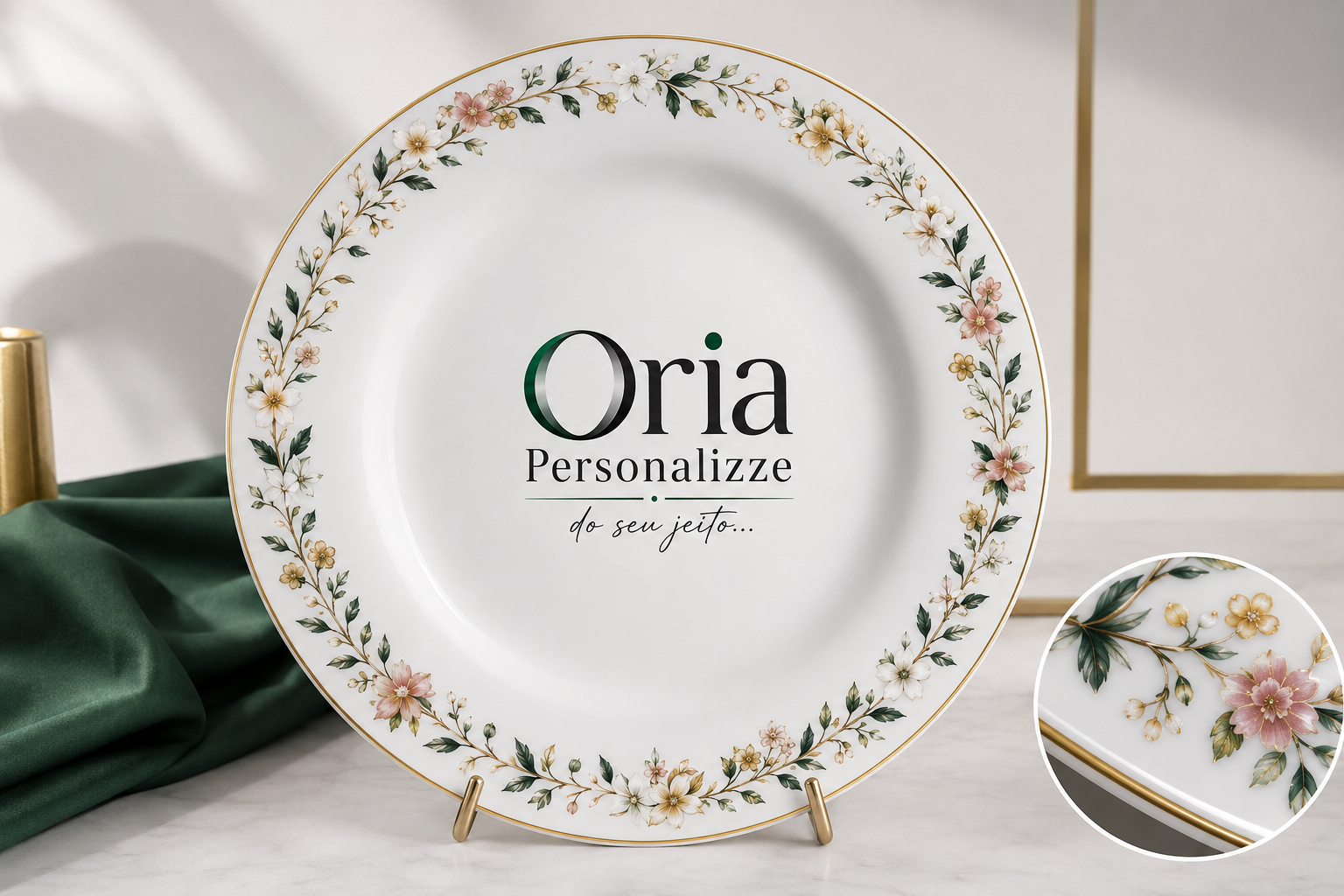 Prato de porcelana 28cm branca ornamentado com decalque